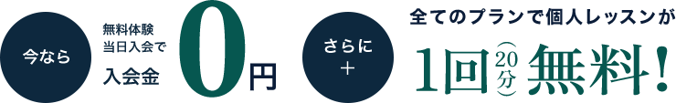 今なら無料体験当日入会で0円 さらに全てのプランで個人レッスンが1回20分無料！